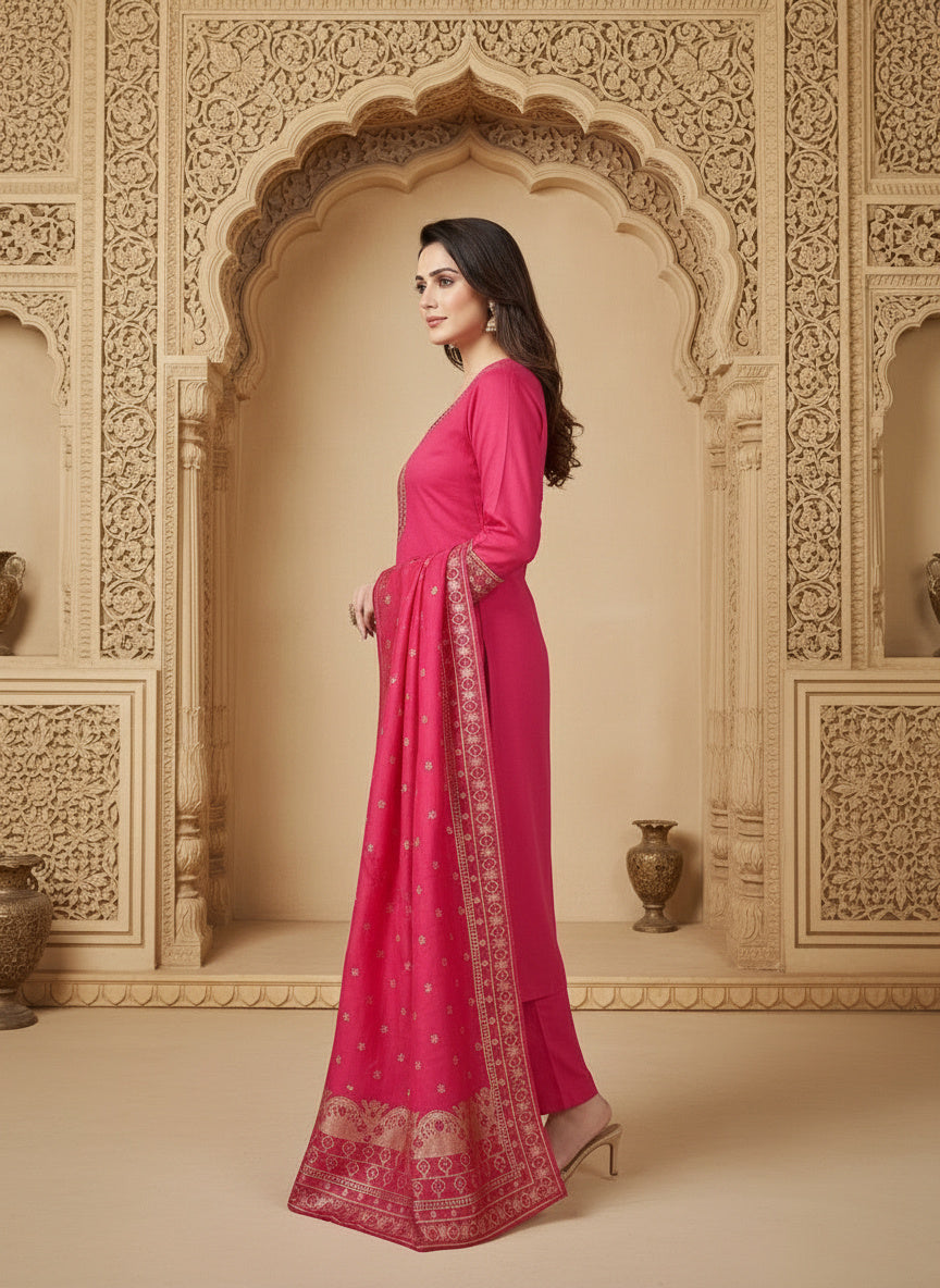 Embroidered Cotton Round Neck Straight Kurta & Trousers With Dupatta