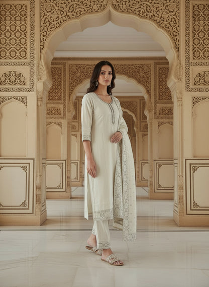 Embroidered Cotton Round Neck Straight Kurta & Trousers With Dupatta
