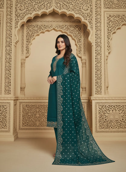 Embroidered Cotton Round Neck Straight Kurta & Trousers With Dupatta
