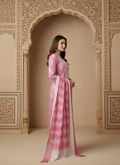 Embroidered Round Neck Straight Kurta & Trousers With Dupatta