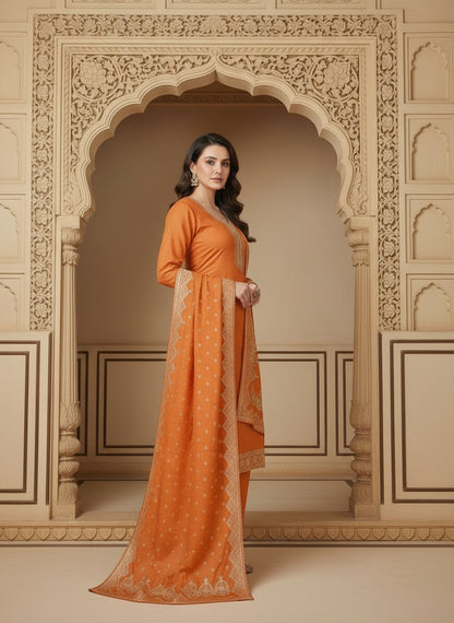 Embroidered Cotton Round Neck Straight Kurta & Trousers With Dupatta