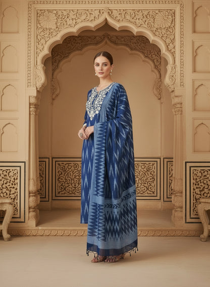 Embroidered Round Neck Straight Kurta & Trousers With Dupatta