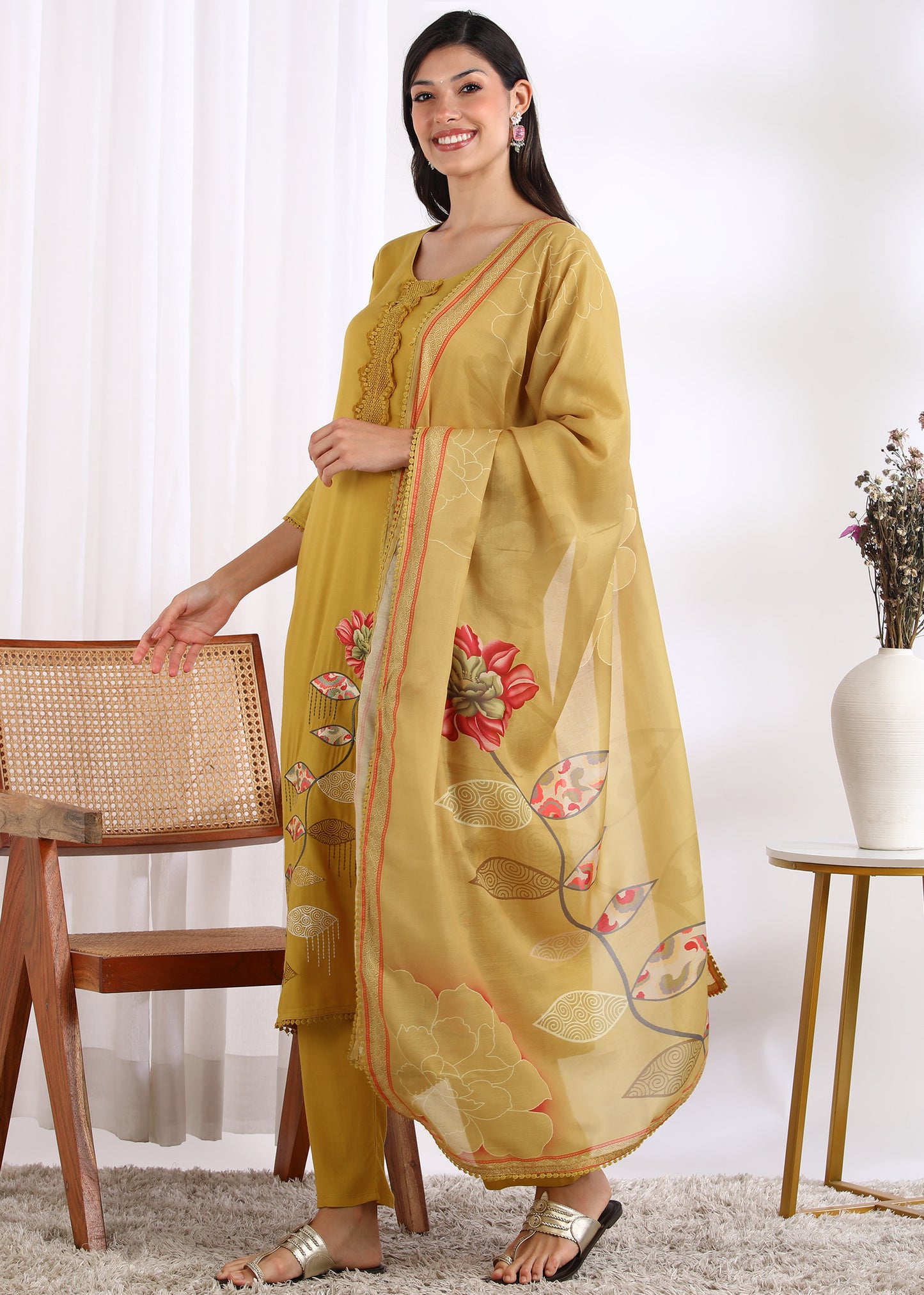 Women Mustard Rayon Embroidered Kurta Set with Printed Muslin Dupatta