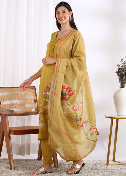 Women Mustard Rayon Embroidered Kurta Set with Printed Muslin Dupatta
