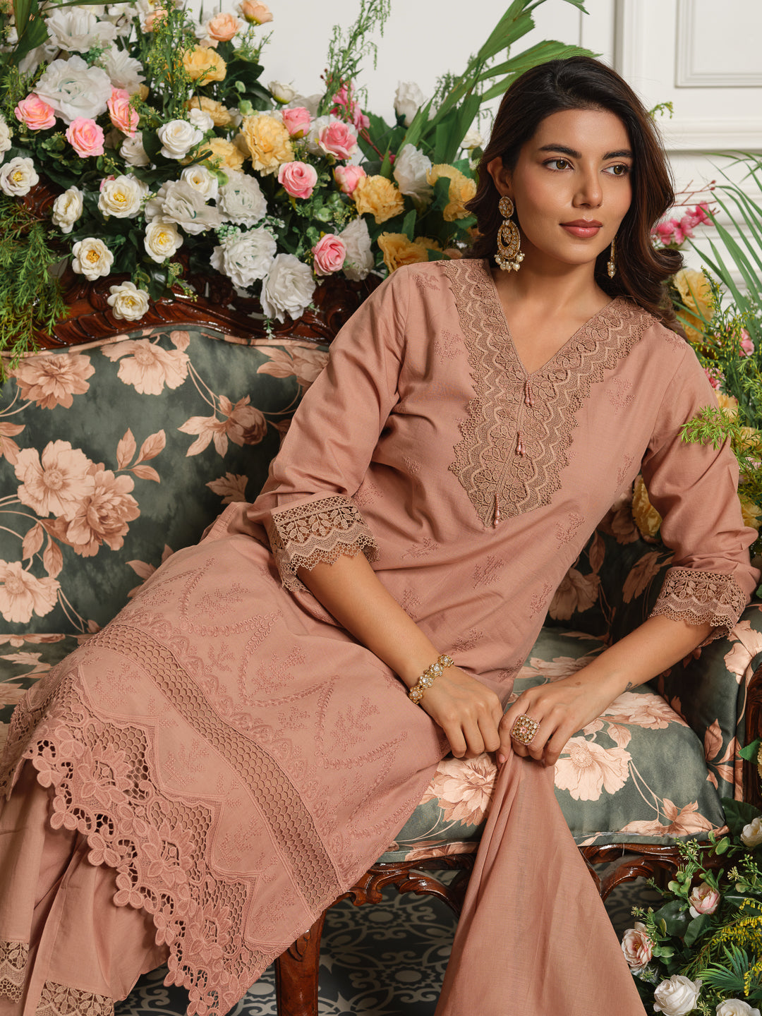 Brown Embroidered Cotton Blend V-Neck Kurta Set with Dupatta