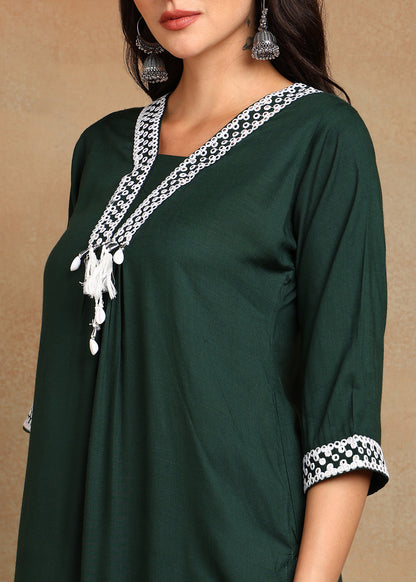 Bottle Green Rayon Slub Kurti with White Embroidered Lace Detailing