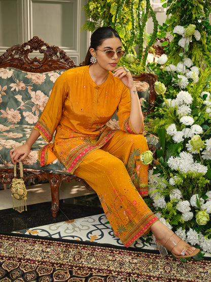 Orange Digital Print Co-ord Set with Handwork