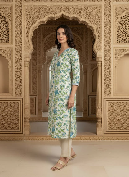 Printed Cotton V-Neck Calf Length Straight Kurta