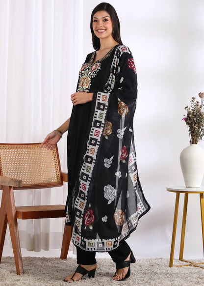 Women Black Rayon Embroidered Kurta Set with Printed Cotton Dupatta