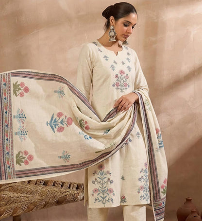 Women’s White and Blue A-Line Embroidered Kurta Set with Matching Trousers & Printed Dupatta