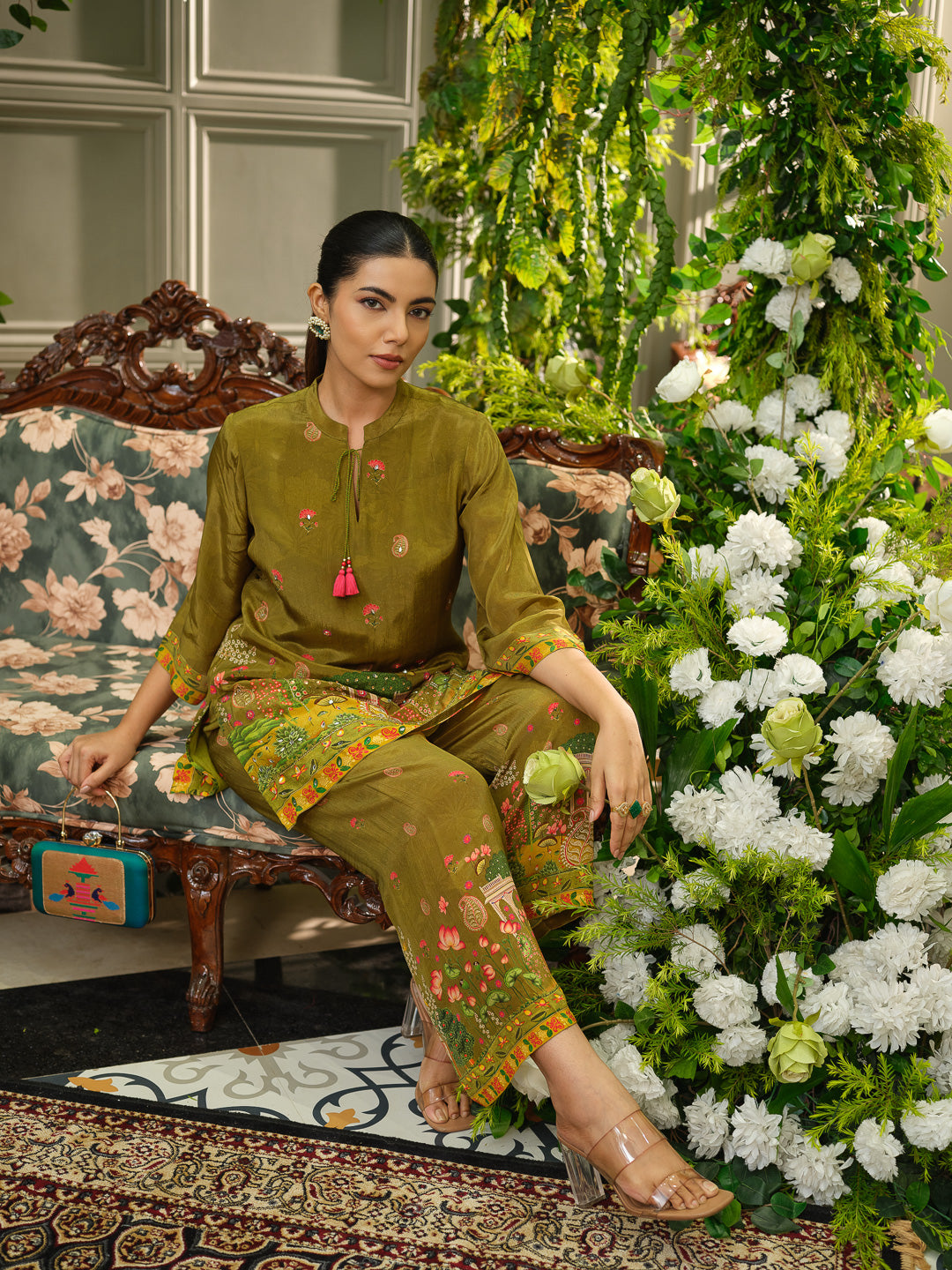 Olive Green Digital Print Co-ord Set with Handwork