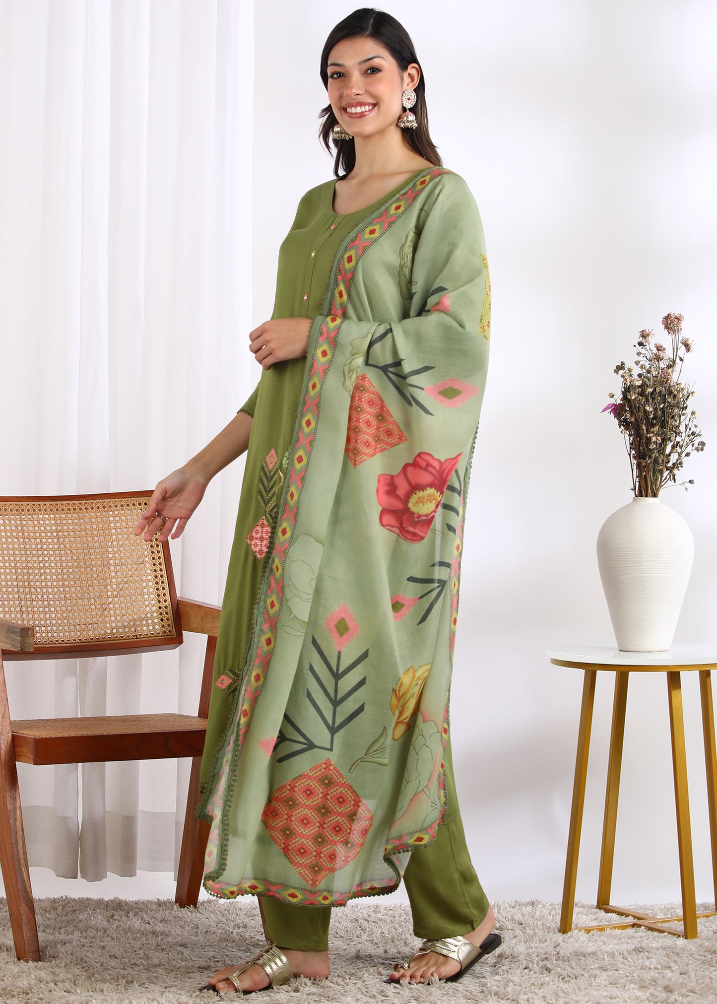 Women Pista Green Rayon Embroidered Kurta Set with Mirror Work & Printed Cotton Dupatta