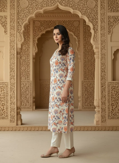 Printed Cotton V-Neck Calf Length Straight Kurta