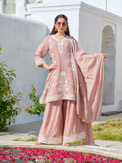 Women Peach Embroidered Mul Chanderi Kurta Sharara Set with Dupatta