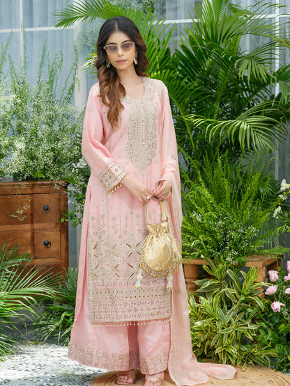 Embroidered Mirror and Cut Work Pakistani Kurta with Trouser and Dupatta Set