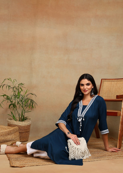Navy-Blue Rayon Slub Kurti with White Embroidered Lace Detailing