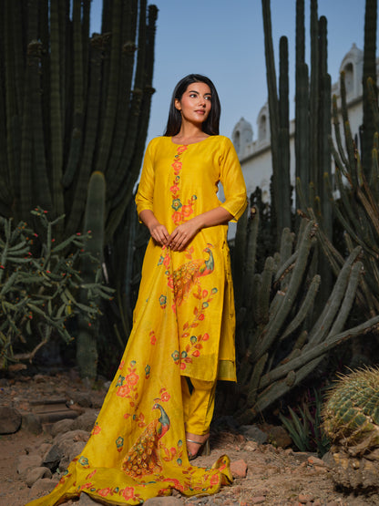 Embroidered Round Neck Straight Kurta & Trousers With Dupattta