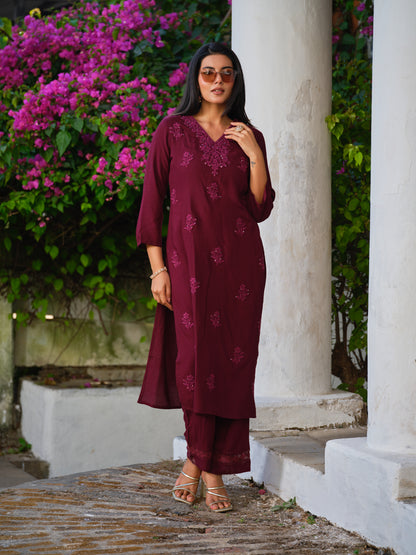 Viscose Embroidered V-Neck Kurta & Trousers Sets