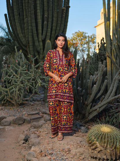Printed Mandarin Collar Top & Palazzos Co-Ords