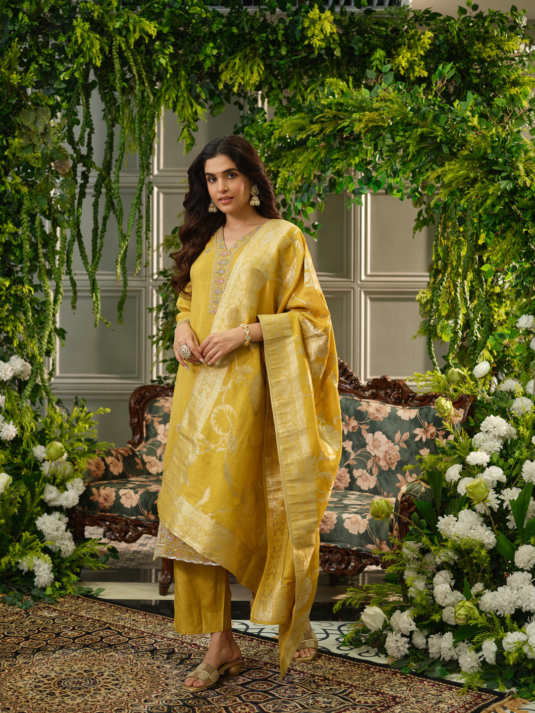 Yellow Viscose Tissue Kurta Set with Jacquard Dupatta