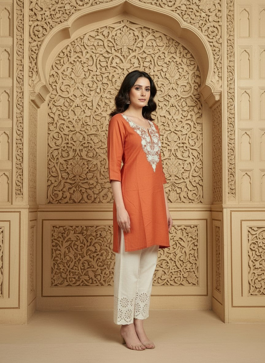 Floral Embroidered Notch Neck Straight Kurtis