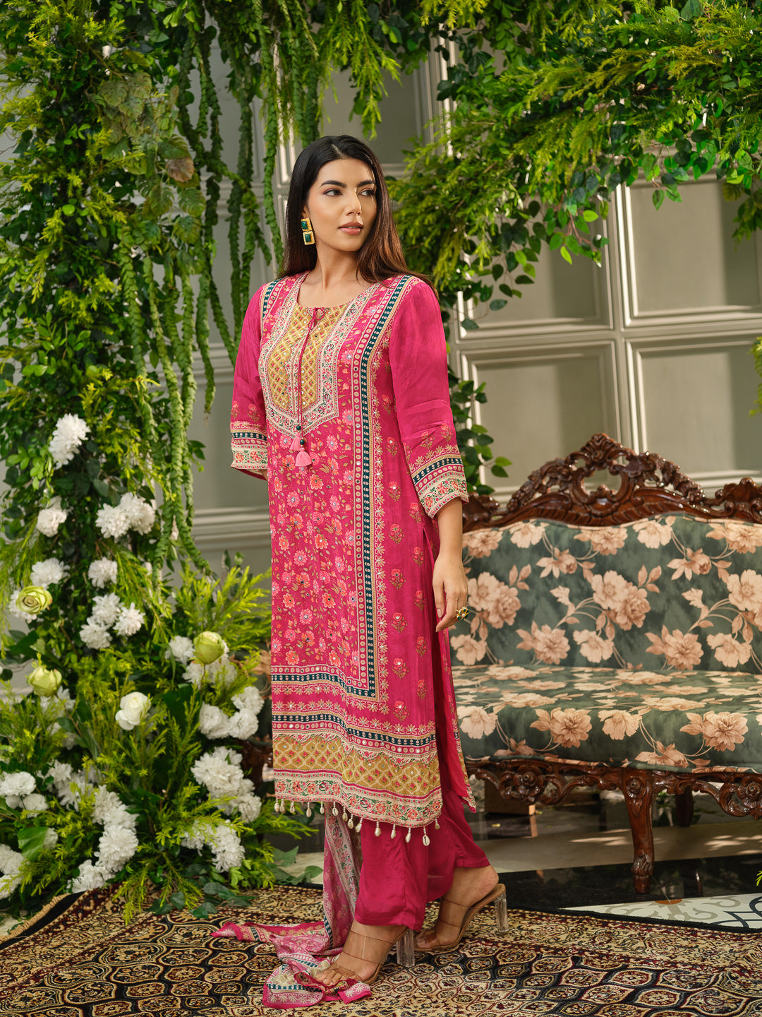 Pink Digital Print Kurta Set with Heavy Handwork & Dupatta