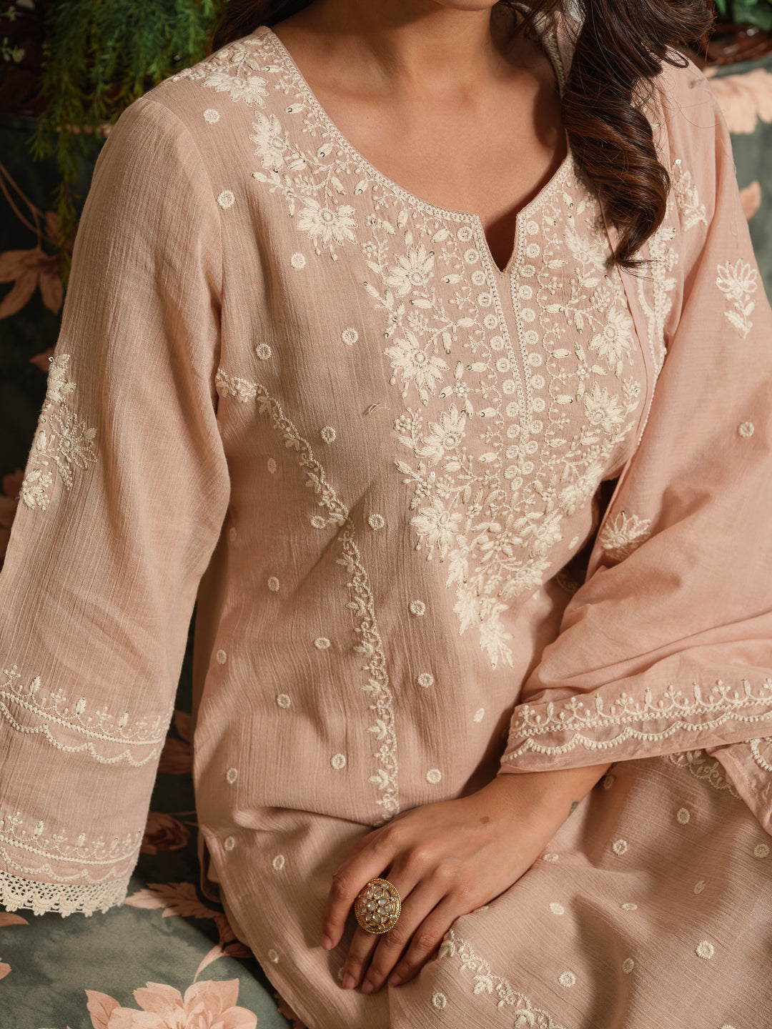 Beige & Pink Embroidered A-Line Kurta Set with Palazzos & Dupatta