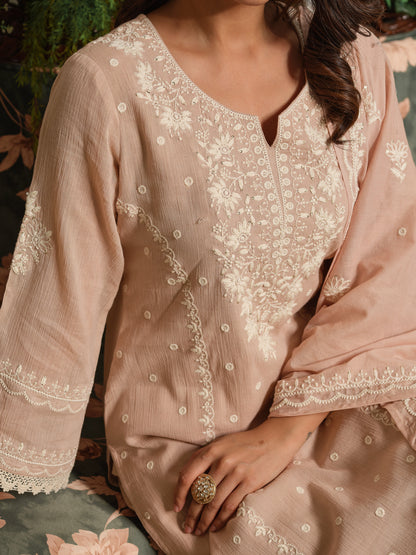 Beige & Pink Embroidered A-Line Kurta Set with Palazzos & Dupatta