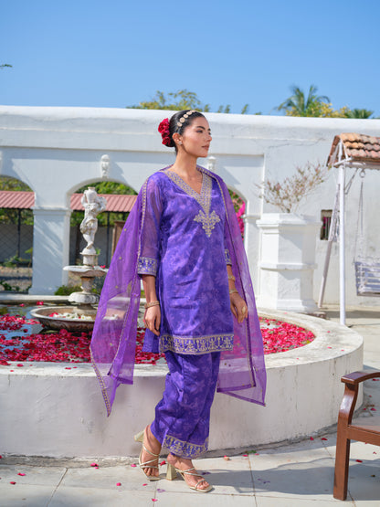 Embroidered V-Neck Kurta & Trousers With Dupatta