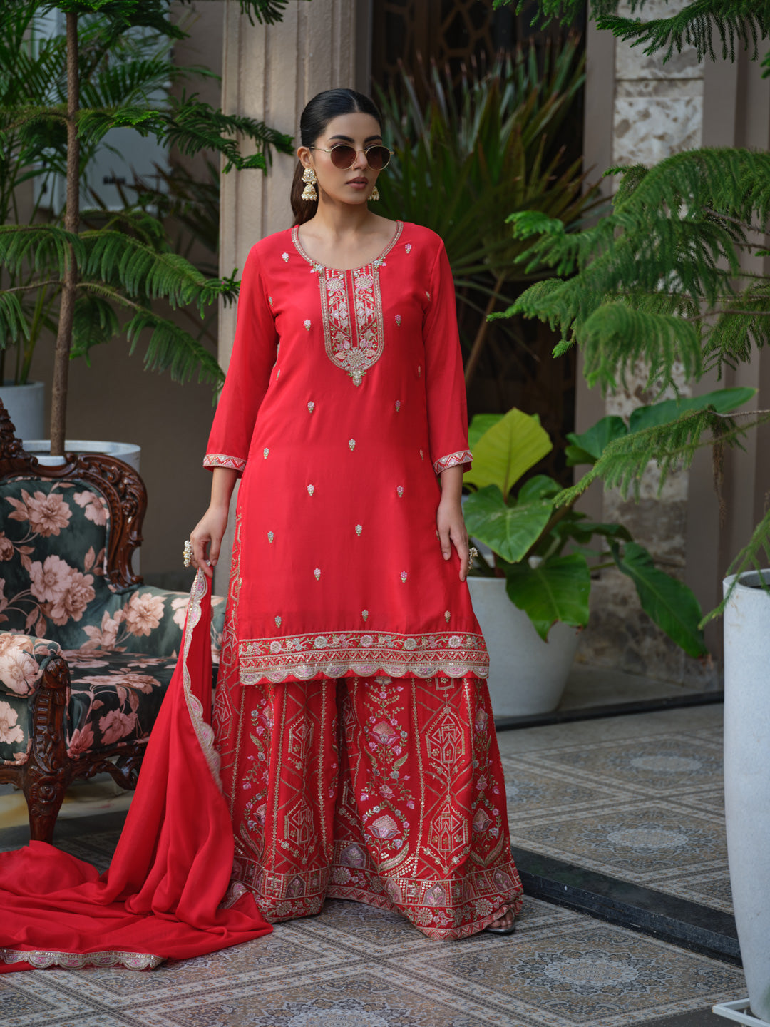 Women Ethnic Motifs Embroidered Kurta with Sharara & Dupatta