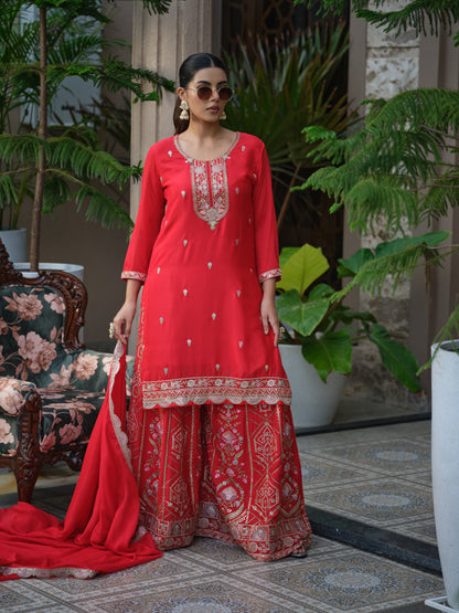 Women Ethnic Motifs Embroidered Kurta with Sharara & Dupatta