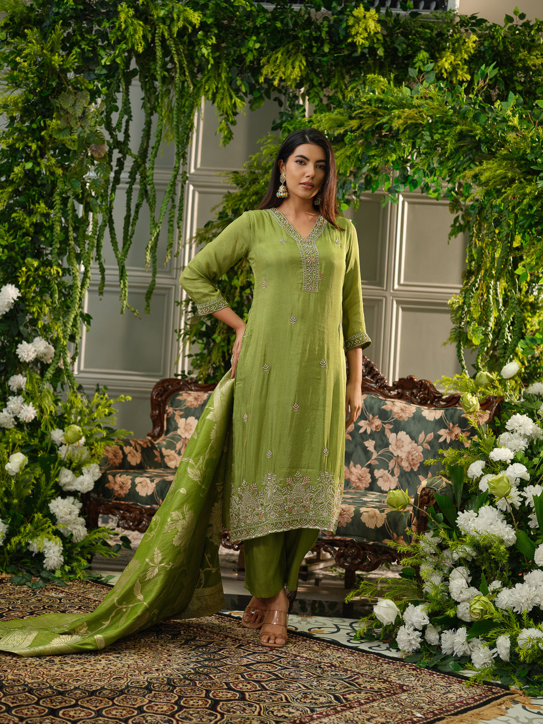 Mehndi Green Viscose Tissue Kurta Set with Jacquard Dupatta