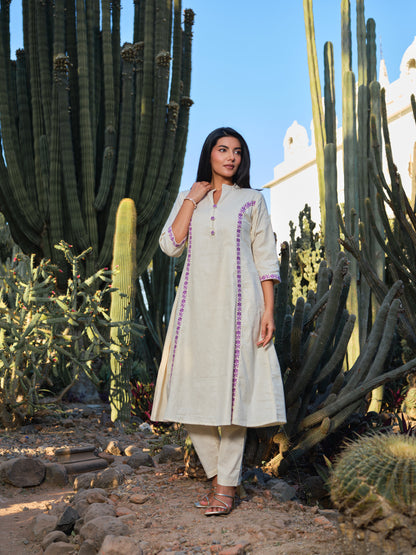 Embroidered Pure Cotton Mandarin Collar A-Line Kurta & Trousers