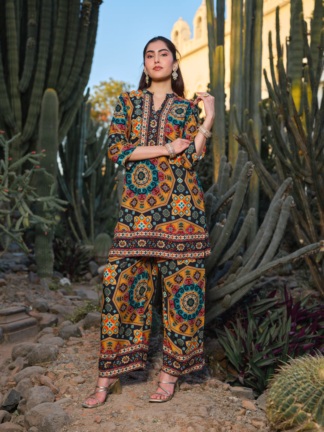 Printed Mandarin Collar Top & Palazzos Co-Ords