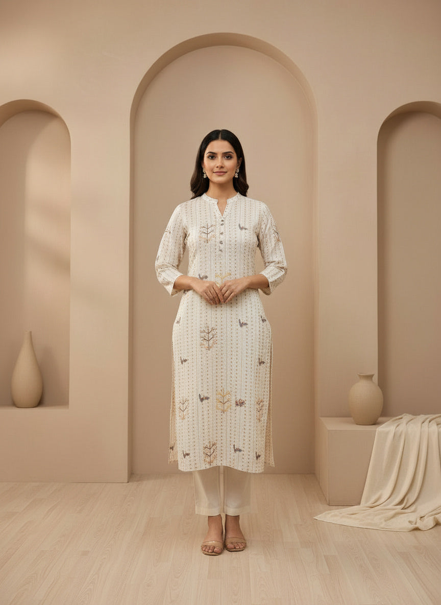 Printed Mandarin Collar Kurta & Trousers With Dupatta
