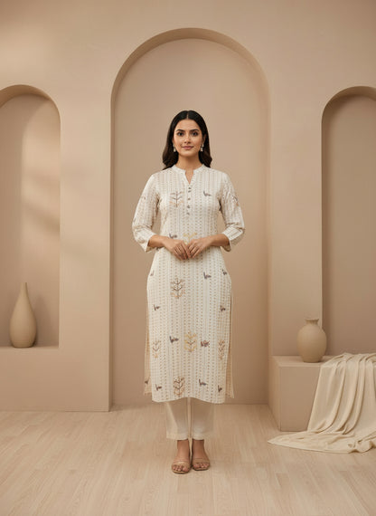 Printed Mandarin Collar Kurta & Trousers With Dupatta