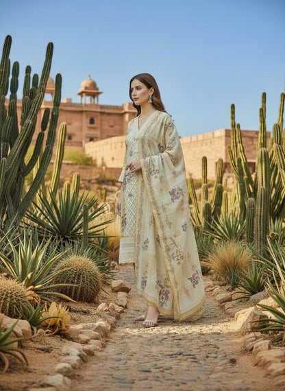 Printed Tissue V-Neck Kurta Trousers & Dupatta