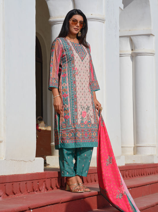 Printed Round Neck Kurta & Trousers With Dupatta