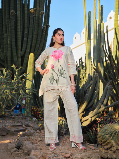 Hand-Painted Pink Lotus Cotton Kurta Set with Wide-Leg Pants