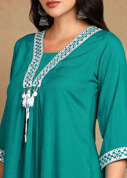 Teal Rayon Slub Kurti with White Embroidered Lace Detailing