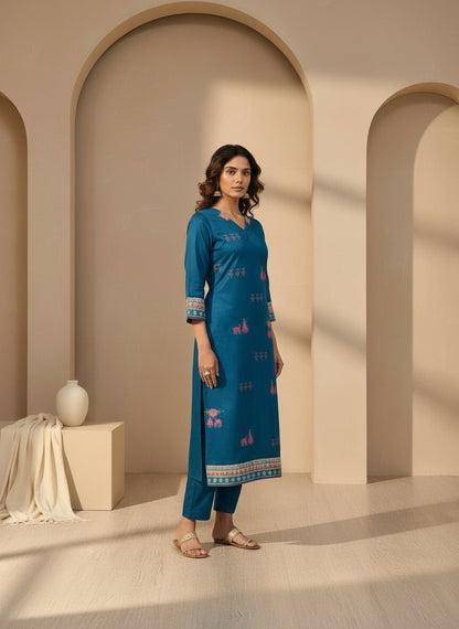 Striped V-Neck Kurta & Trousers With Dupatta