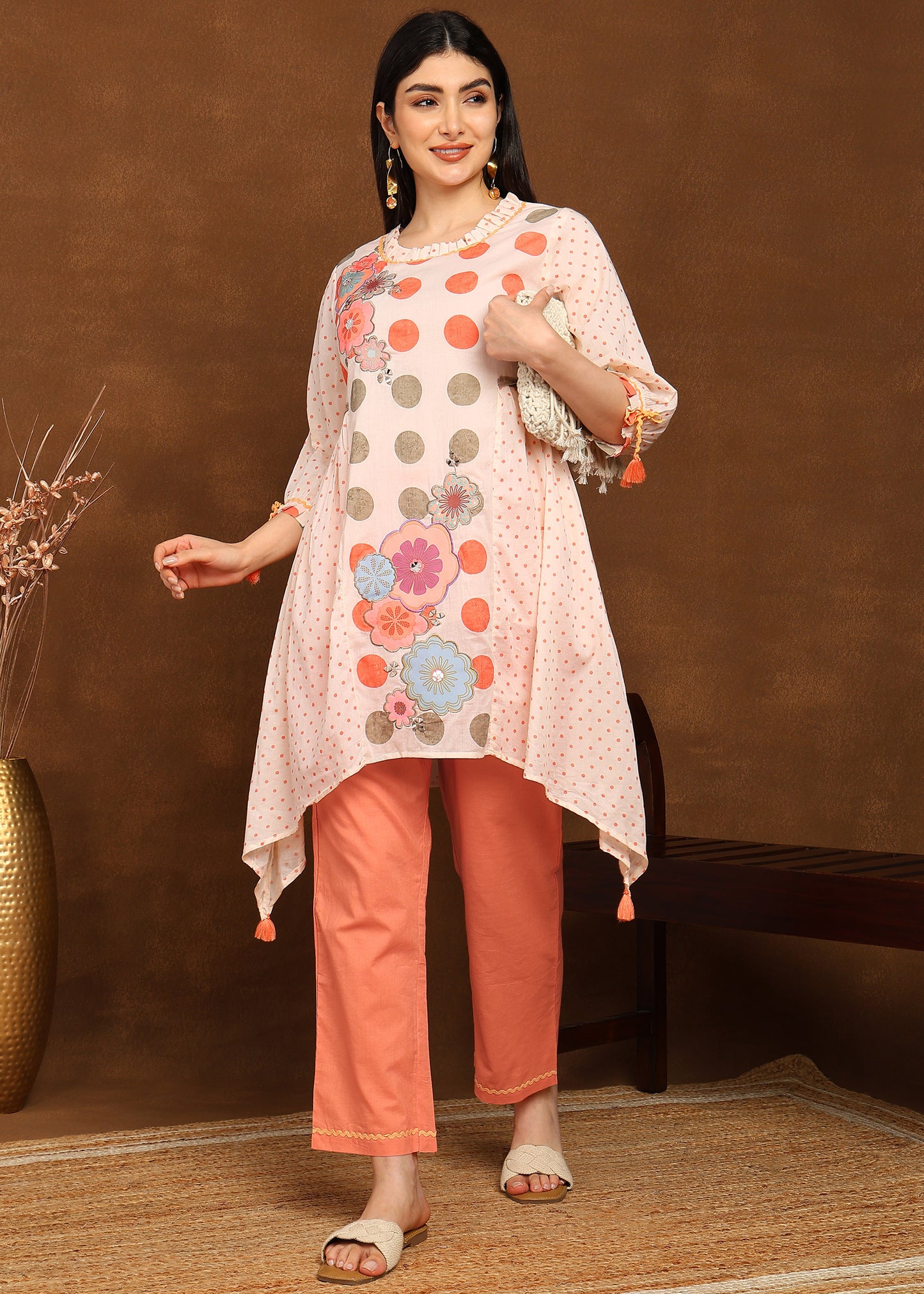 Cotton Printed A-Line C Cut Kurta with Balloon Tie-Up Sleeves & Straight Pants