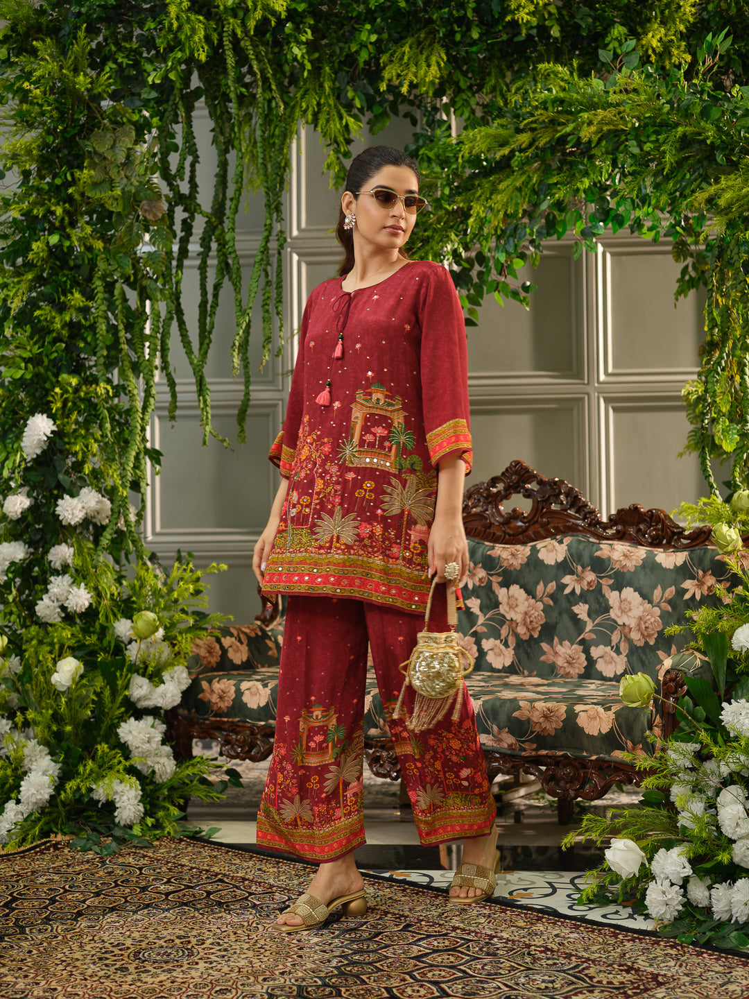 Maroon Digital Print Co-ord Set with Heavy Handwork