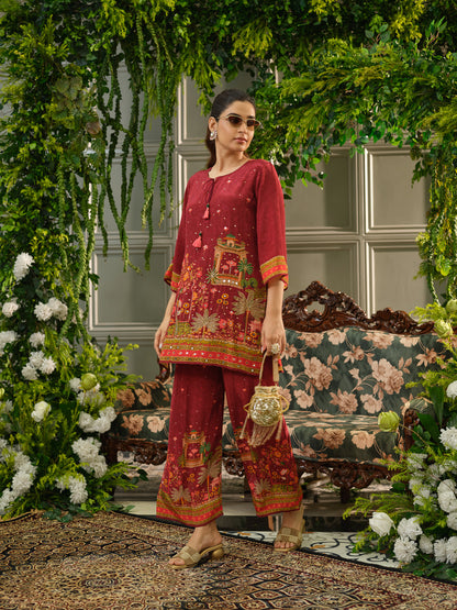 Maroon Digital Print Co-ord Set with Heavy Handwork