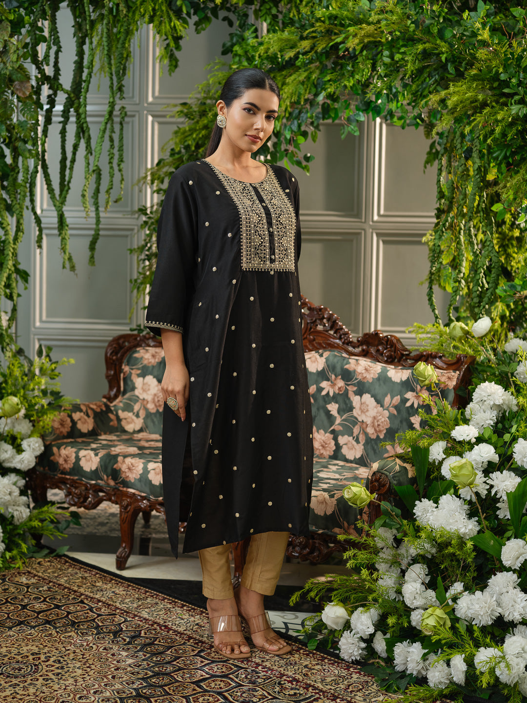 Elegant Black Embroidered Kurta Set with Golden Motifs