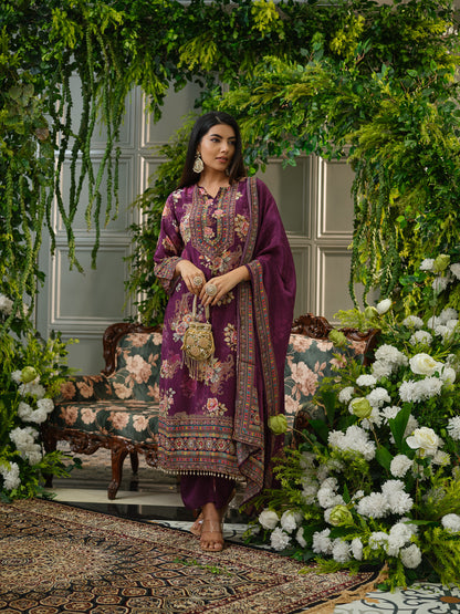 Wine & Purple Crepe Silk Floral Printed Kurta Set with Dupatta