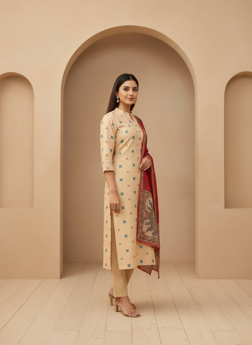 Printed Silk Blend Mandarin Collar Kurta & Trousers With Dupatta