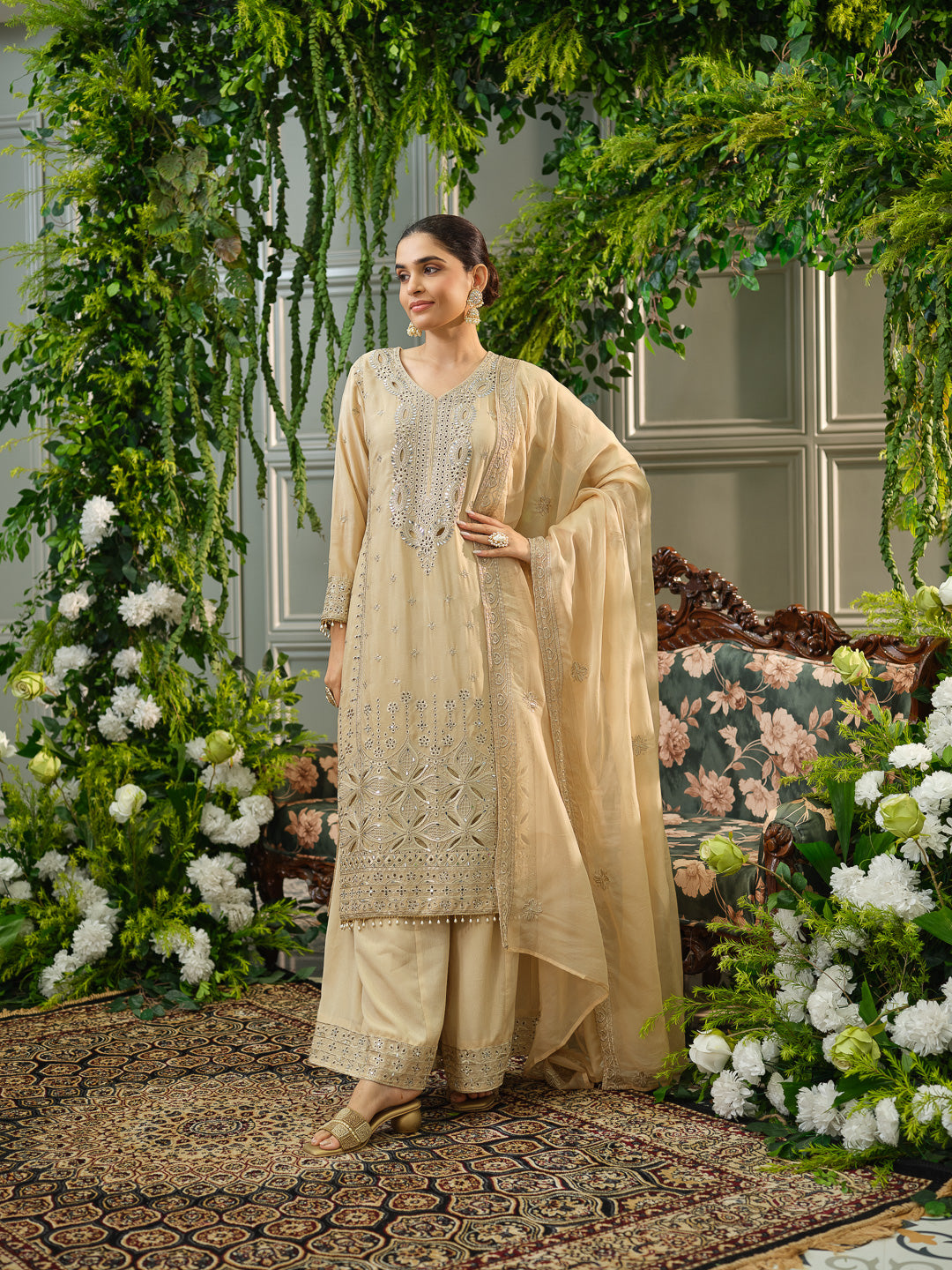 Embroidered Mirror and Cut Work Pakistani Kurta with Trouser and Dupatta Set