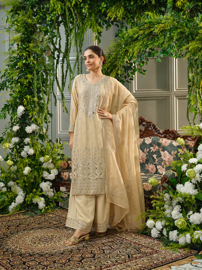 Embroidered Mirror and Cut Work Pakistani Kurta with Trouser and Dupatta Set