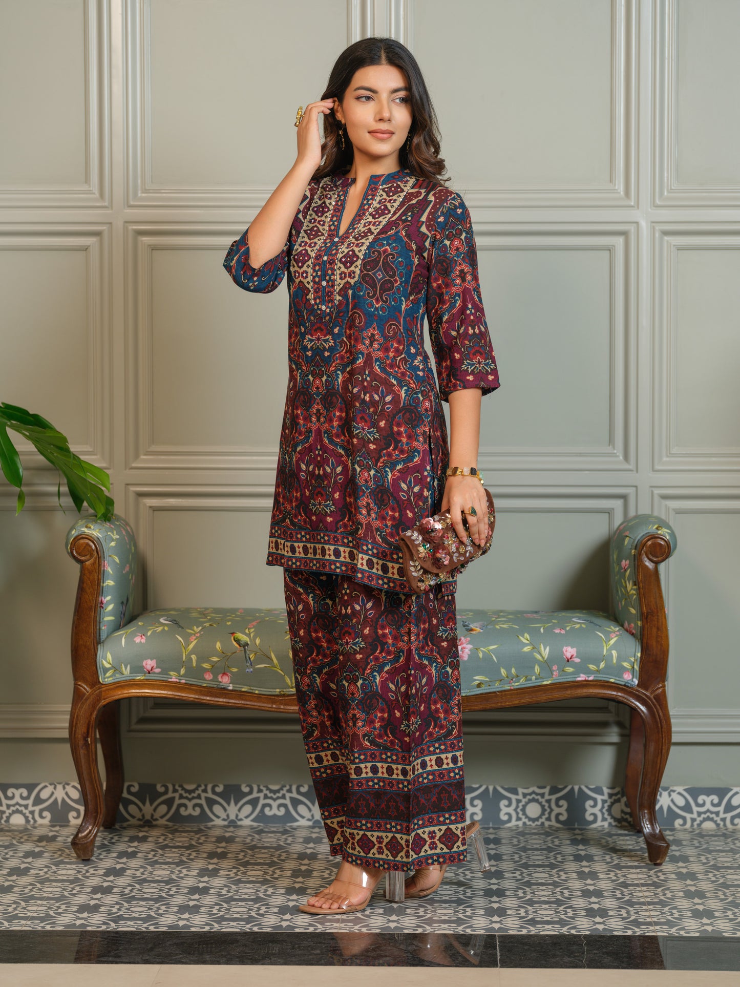 Ajrak Printed Mandarin Collar Neck Top With Trousers Co-Ords
